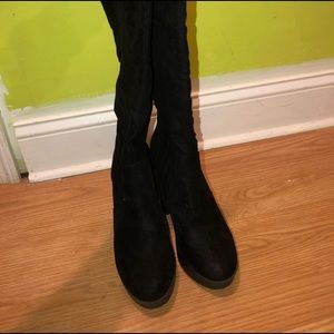 Knee High Black Boots Chunky Heel